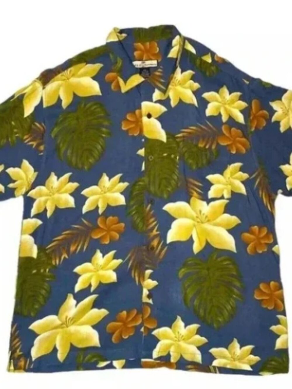 S&D Bahamas Hawaiian Shirt Mens 2XL Blue Yellow Floral Button Up Short Sleeves